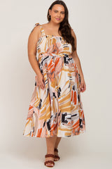 Multi-Colored Brush Stroke Printed Tie Strap Smocked Plus Midi Dress