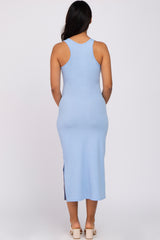 Light Blue Sleeveless Ribbed Maternity Midi Dress