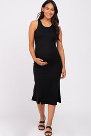 Black Sleeveless Ribbed Maternity Midi Dress