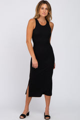 Black Sleeveless Ribbed Midi Dress