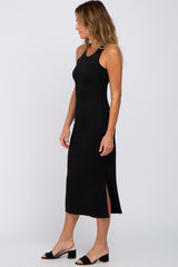 Black Sleeveless Ribbed Midi Dress