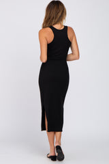 Black Sleeveless Ribbed Midi Dress