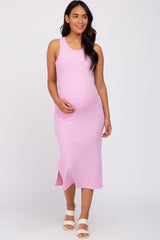 Pink Sleeveless Ribbed Maternity Midi Dress