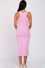 Pink Sleeveless Ribbed Maternity Midi Dress