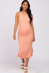 Peach Sleeveless Ribbed Maternity Midi Dress