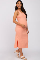 Peach Sleeveless Ribbed Maternity Midi Dress