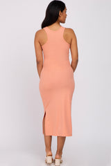 Peach Sleeveless Ribbed Maternity Midi Dress