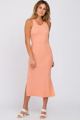 Peach Sleeveless Ribbed Maternity Midi Dress