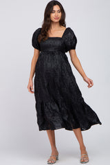 Black Textured Floral Puff Sleeve Maternity Dress