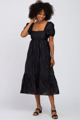 Black Textured Floral Puff Sleeve Maternity Dress