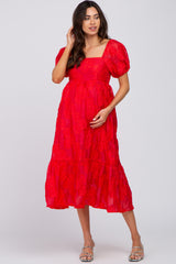 Red Textured Floral Puff Sleeve Maternity Dress