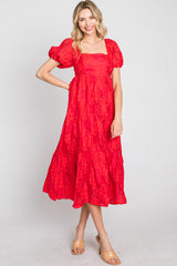 Red Textured Floral Puff Sleeve Maternity Dress