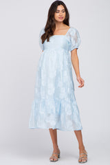 Light Blue Textured Floral Puff Sleeve Maternity Dress