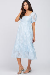 Light Blue Textured Floral Puff Sleeve Maternity Dress