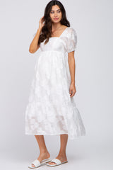 White Textured Floral Puff Sleeve Maternity Dress