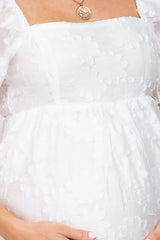 White Textured Floral Puff Sleeve Maternity Dress