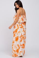 Orange Floral Flounce Strapless Maternity Maxi Dress