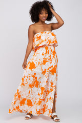 Orange Floral Flounce Strapless Maternity Maxi Dress