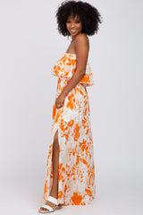 Orange Floral Flounce Strapless Maxi Dress