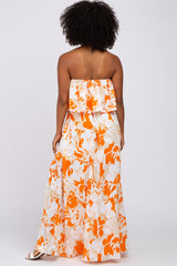 Orange Floral Flounce Strapless Maxi Dress