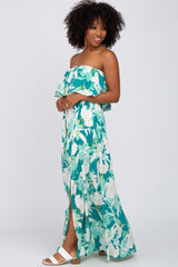 Green Floral Flounce Strapless Maxi Dress