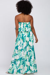 Green Floral Flounce Strapless Maxi Dress