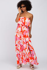 Pink Floral Flounce Strapless Maxi Dress