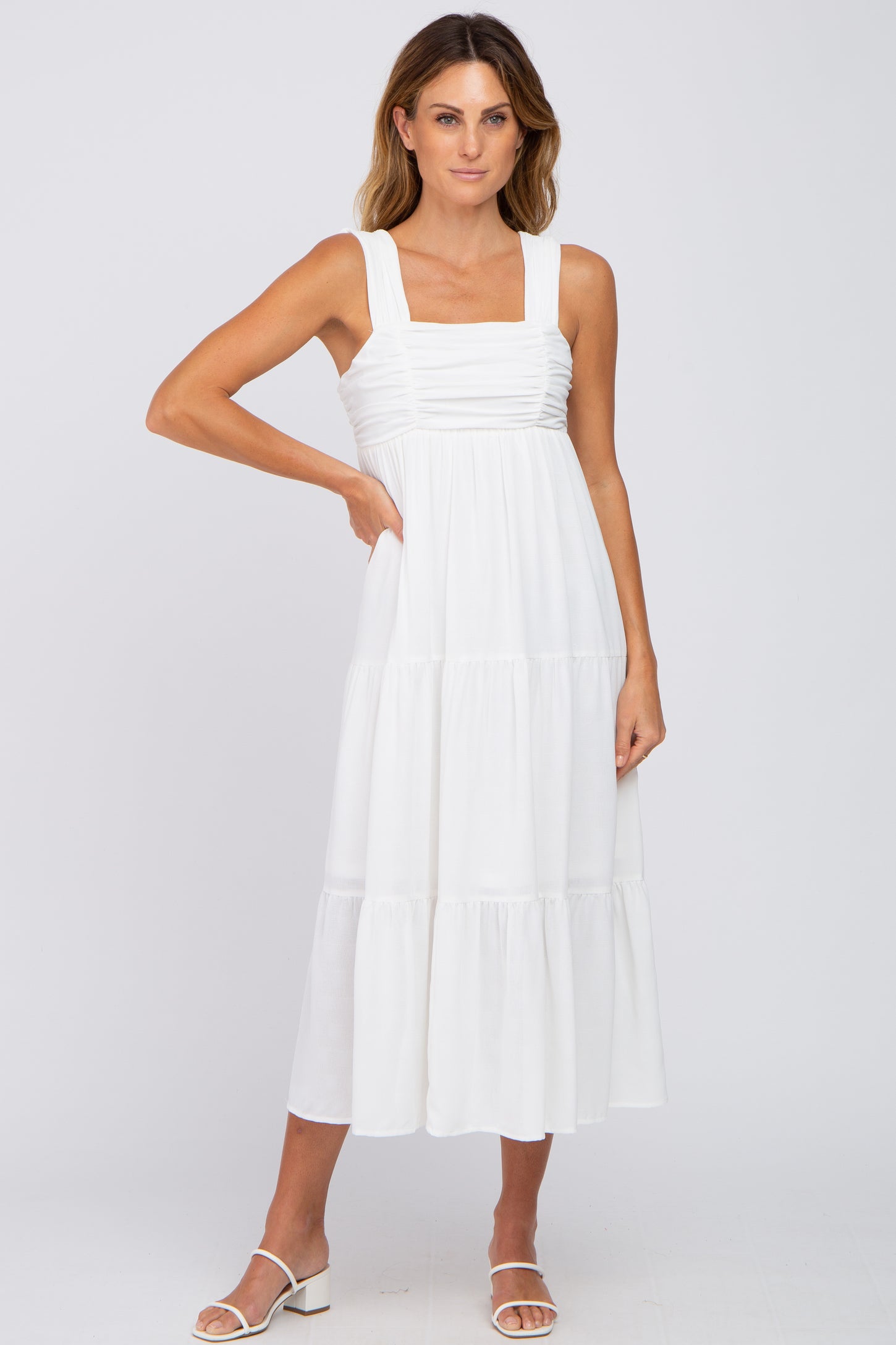 White Ruched Tiered Midi Dress – PinkBlush