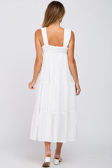 White Ruched Tiered Midi Dress