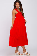 Red Ruched Tiered Maternity Midi Dress