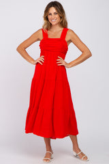 Red Ruched Tiered Midi Dress