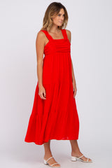 Red Ruched Tiered Midi Dress