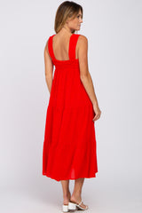 Red Ruched Tiered Midi Dress