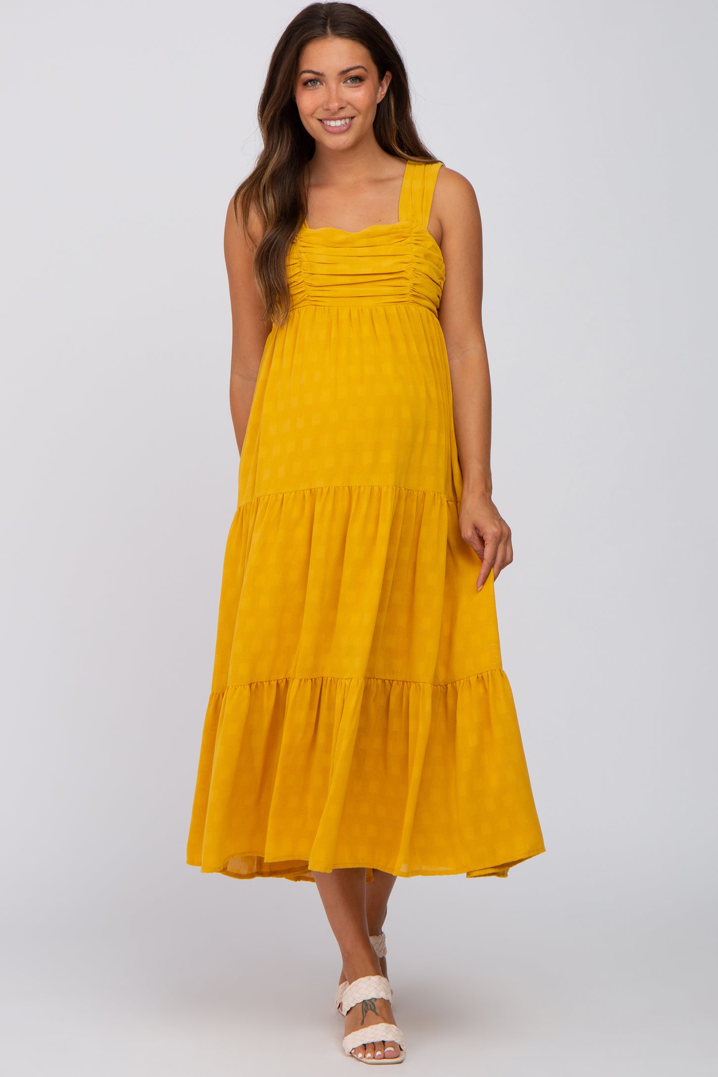 Yellow Ruched Tiered Maternity Midi Dress – PinkBlush