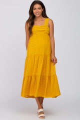 Yellow Ruched Tiered Maternity Midi Dress