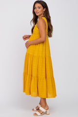 Yellow Ruched Tiered Maternity Midi Dress