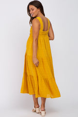 Yellow Ruched Tiered Maternity Midi Dress