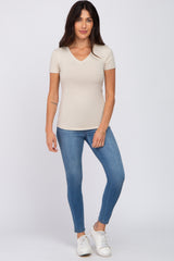 Beige V-Neck Short Sleeve Top