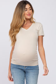 Beige V-Neck Short Sleeve Maternity Top