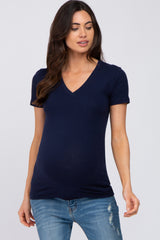 Navy Blue V-Neck Short Sleeve Maternity Top