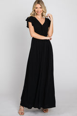 Black Wrap Front Ruffle Sleeve Maxi Dress