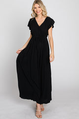 Black Wrap Front Ruffle Sleeve Maxi Dress