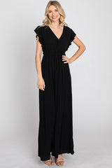 Black Wrap Front Ruffle Sleeve Maxi Dress