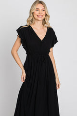 Black Wrap Front Ruffle Sleeve Maxi Dress