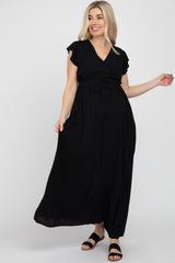 Black Wrap Front Ruffle Sleeve Maternity Maxi Dress