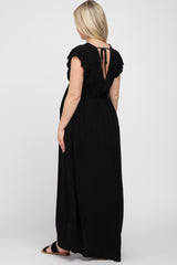 Black Wrap Front Ruffle Sleeve Maternity Maxi Dress