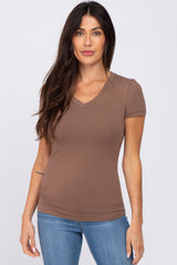 Mocha V-Neck Short Sleeve Maternity Top