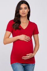 Red V-Neck Short Sleeve Maternity Top