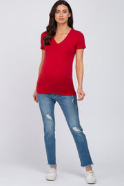 Red V-Neck Short Sleeve Maternity Top