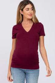 Burgundy V-Neck Short Sleeve Maternity Top